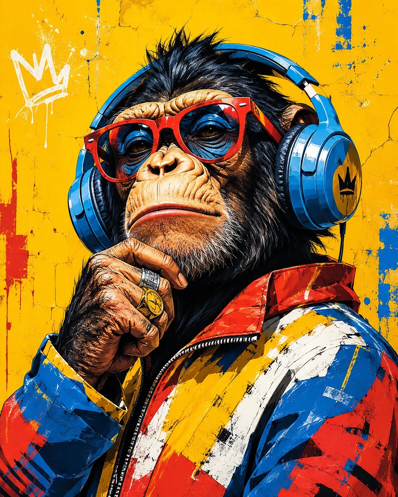 May include: A chimpanzee wearing bright red-rimmed glasses and large blue headphones over a colorful jacket with red, blue, and white paint-splatter patterns. The chimpanzee has a gold ring on its finger and a crown graphic on the yellow background.
