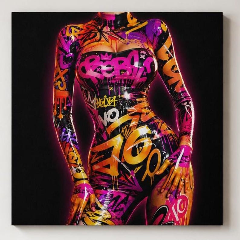 Puede incluir: Un body de manga larga con base negra y patrones de grafiti vibrantes en rosa ne&oacute;n, naranja y amarillo. El dise&ntilde;o incluye letras estilizadas y formas abstractas que cubren toda la prenda, la cual presenta un cuello alto.
