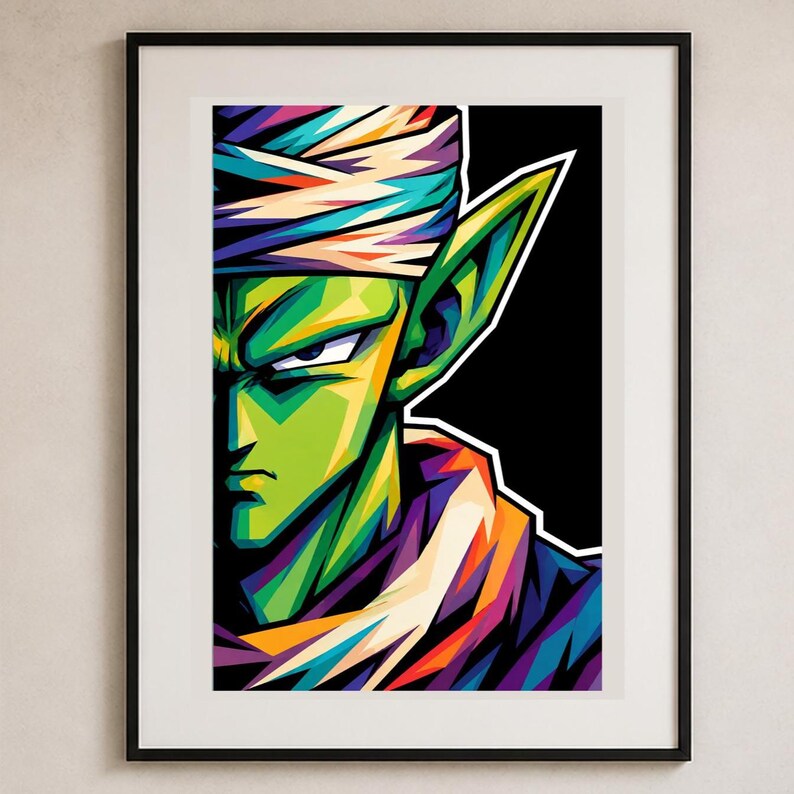May include: A framed art print featuring a stylized, pop-art portrait of a green-skinned character with pointed ears, wearing a white turban and a purple garment. The artwork uses bold, vibrant colors and sharp geometric lines against a black background.