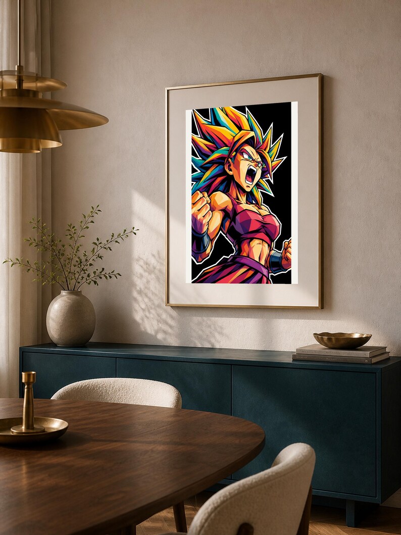 May include: A framed wall art print featuring a vibrant, stylised illustration of a character with spiky, multi-coloured hair in shades of yellow, orange, and blue. The character has an intense expression, wearing a dark red top and wristbands.