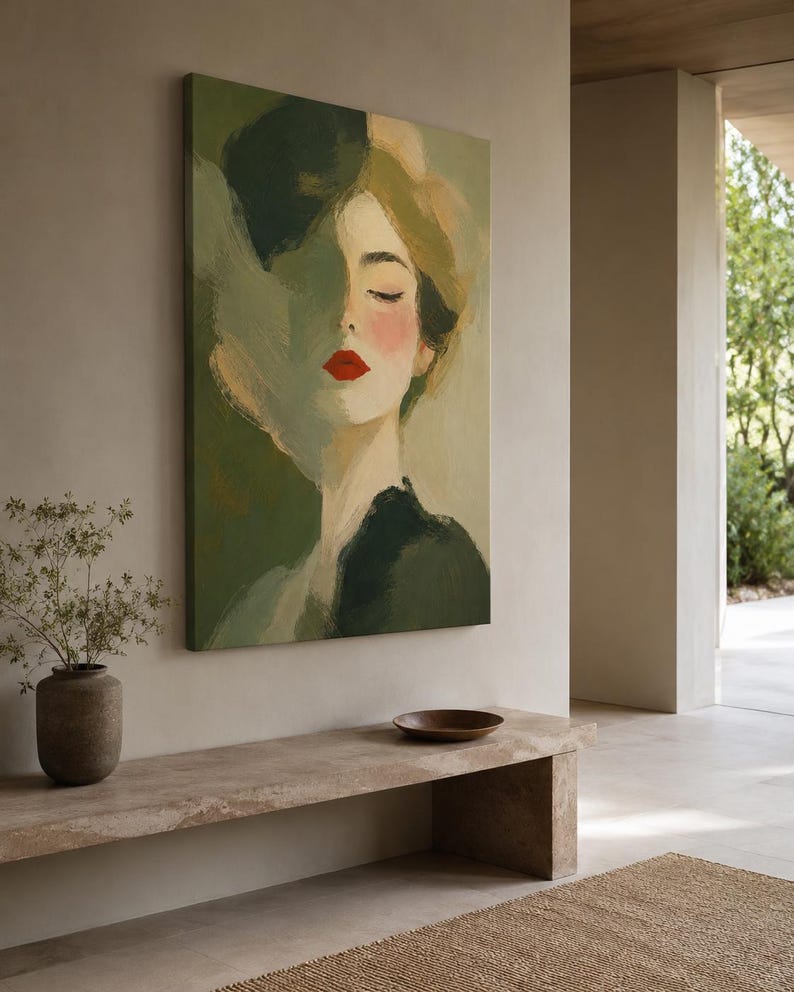 May include: A rectangular canvas painting featuring an impressionistic portrait of a person with closed eyes and vibrant red lips. The artwork utilizes a palette of olive green, sage, and cream tones with visible brushstrokes creating a soft texture.