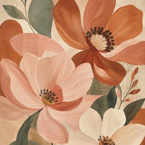 Puede incluir: Una l&aacute;mina de arte floral con tres flores grandes superpuestas en tonos terracota, rosa suave y crema. La composici&oacute;n incluye hojas de color verde salvia apagado y formas redondeadas abstractas sobre un fondo beige texturizado.