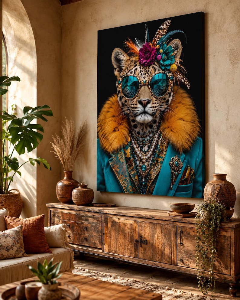 Pu&ograve; includere: Una stampa artistica rettangolare raffigurante un leopardo che indossa occhiali da sole color ottanio, un copricapo floreale vivace con piume, un colletto in pelliccia sintetica arancione, un blazer ottanio e collane di perle e gemme.