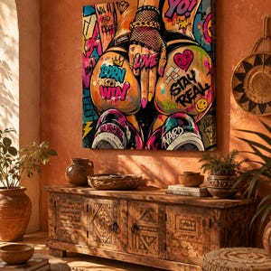 Op de afbeelding: Een vierkant canvas kunstwerk met levendige street-art in graffitistijl. Het kunstwerk toont een hand met net-handschoenen en gouden armbanden, omringd door kleurrijke teksten waaronder "BORN TO WIN", "LOVE" en "STAY REAL" met diverse iconen.