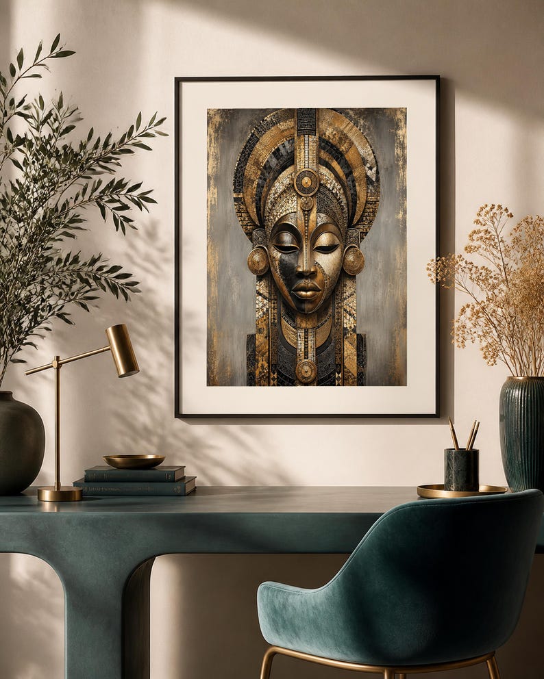 Puede incluir: Una impresi&oacute;n de arte mural enmarcada que presenta un retrato estilizado y sim&eacute;trico de un rostro con los ojos cerrados, adornado con intrincados patrones geom&eacute;tricos en oro, negro y bronce. La obra est&aacute; sobre un fondo gris con textura.