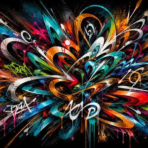 May include: A vibrant digital artwork featuring an explosion of swirling, multi-colored graffiti-style lines and shapes. The composition includes bright orange, teal, magenta, and lime green paint splatters against a deep black background.