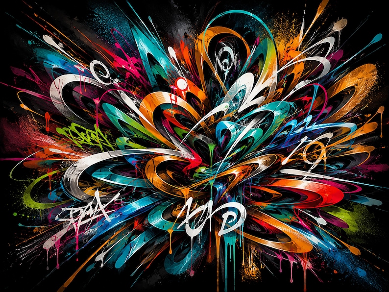 May include: A vibrant digital artwork featuring an explosion of swirling, multi-colored graffiti-style lines and shapes. The composition includes bright orange, teal, magenta, and lime green paint splatters against a deep black background.