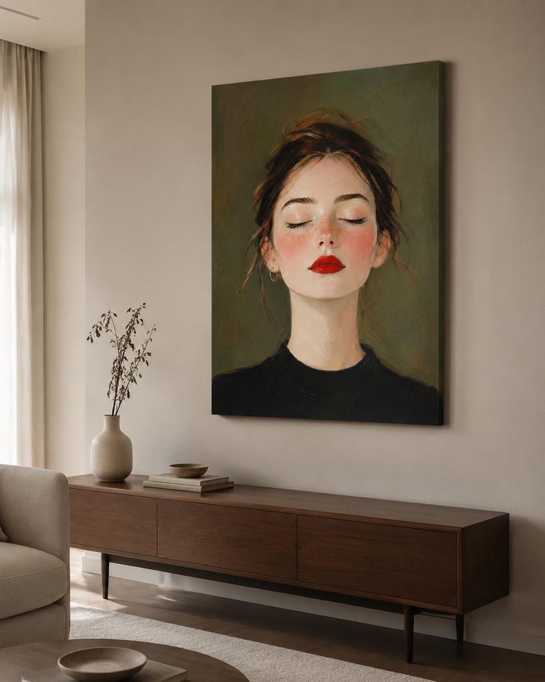 Puede incluir: Una impresi&oacute;n de arte mural rectangular que muestra el retrato de una persona con los ojos cerrados, mejillas sonrosadas y labios rojos brillantes. El sujeto tiene el cabello oscuro recogido y viste una prenda negra sobre un fondo verde oliva.