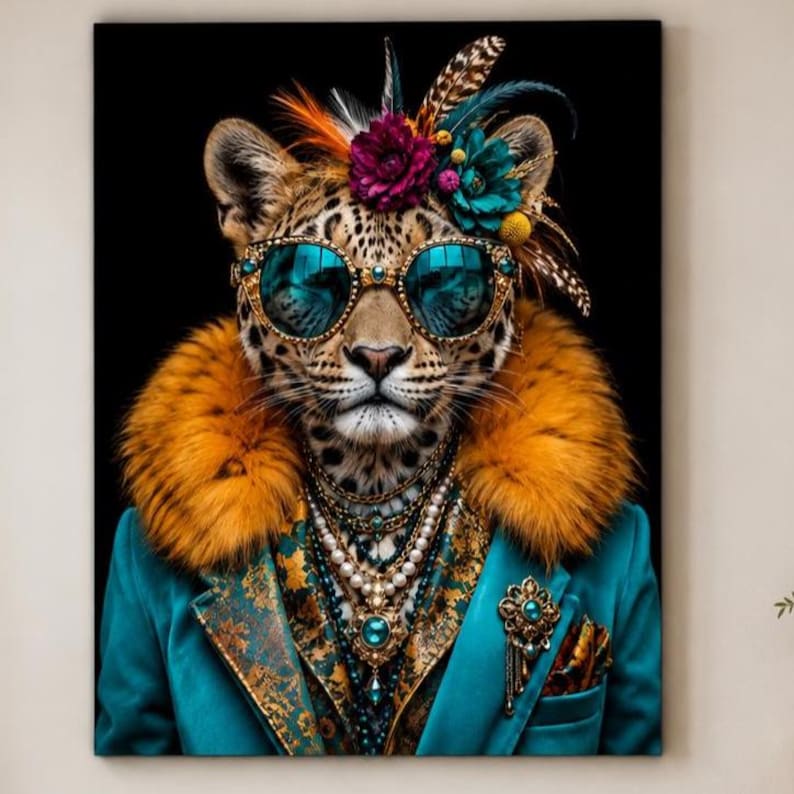 Pu&ograve; includere: Un ritratto di un leopardo che indossa occhiali da sole color ottanio, un colletto in pelliccia sintetica arancione brillante e un blazer ottanio con motivi dorati. Il leopardo &egrave; adornato con collane di perle e oro e un copricapo floreale.