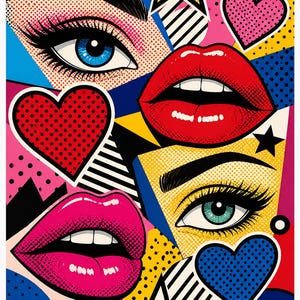 Peut inclure: Une illustration pop art vibrante pr&eacute;sentant deux paires d'yeux, deux paires de l&egrave;vres, ainsi que plusieurs c&oelig;urs et &eacute;toiles. La composition utilise des couleurs primaires vives, des contours noirs et des points Ben-Day pour un collage dynamique.