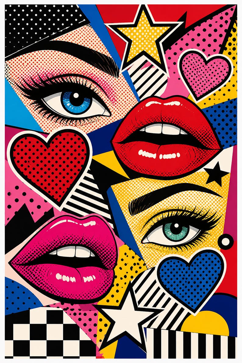 Peut inclure: Une illustration pop art vibrante pr&eacute;sentant deux paires d'yeux, deux paires de l&egrave;vres, ainsi que plusieurs c&oelig;urs et &eacute;toiles. La composition utilise des couleurs primaires vives, des contours noirs et des points Ben-Day pour un collage dynamique.