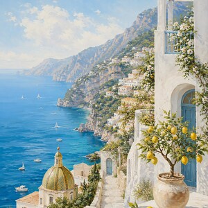 May include: A painting of a coastal town with white buildings, a gold-tiled church dome, and blue sea with sailboats. In the foreground, a potted lemon tree and a bowl of lemons sit on a stone ledge against a white wall with a blue door.