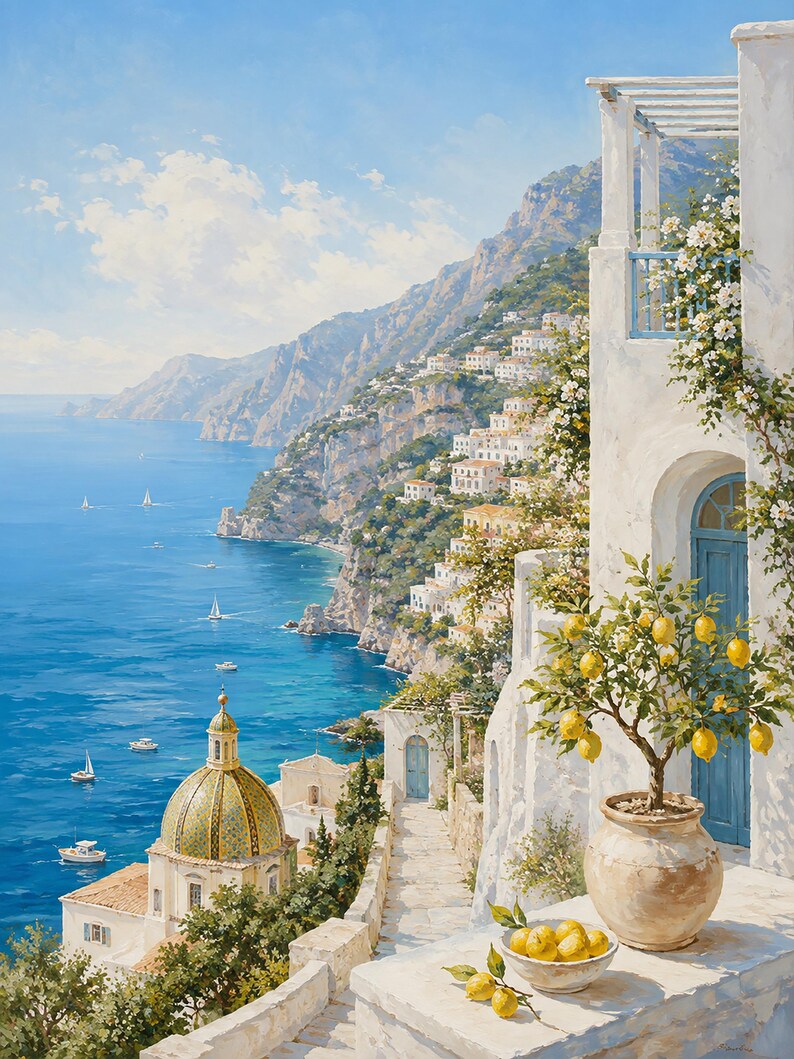 May include: A painting of a coastal town with white buildings, a gold-tiled church dome, and blue sea with sailboats. In the foreground, a potted lemon tree and a bowl of lemons sit on a stone ledge against a white wall with a blue door.