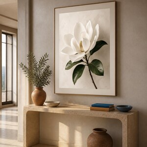 Puede incluir: Una impresi&oacute;n de arte mural enmarcada que presenta una gran flor de magnolia blanca con hojas de color verde oscuro sobre un fondo beige claro texturizado. La obra se exhibe en un marco met&aacute;lico fino, destacando el detalle bot&aacute;nico.