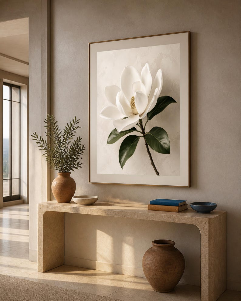 Puede incluir: Una impresi&oacute;n de arte mural enmarcada que presenta una gran flor de magnolia blanca con hojas de color verde oscuro sobre un fondo beige claro texturizado. La obra se exhibe en un marco met&aacute;lico fino, destacando el detalle bot&aacute;nico.