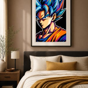 May include: A framed wall art print featuring a stylized portrait of a character with spiky blue hair, sharp facial features, and an orange and blue gi. The artwork uses bold, vibrant colors against a solid black background, enclosed in a frame.