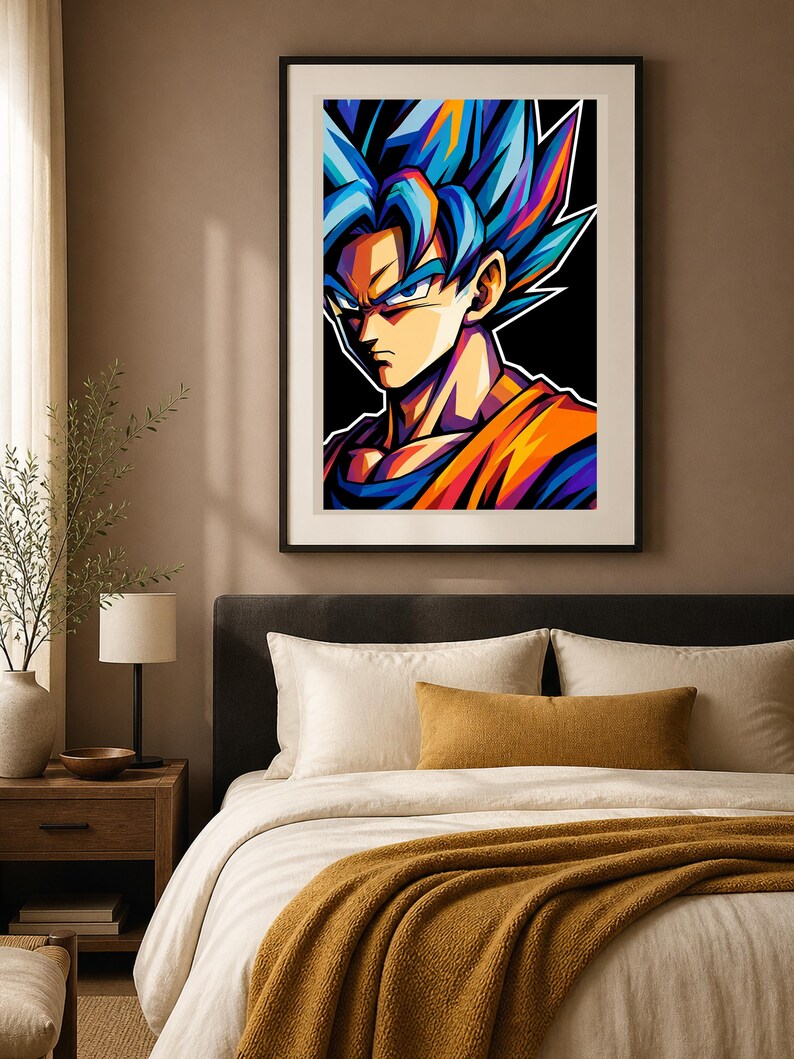 May include: A framed wall art print featuring a stylized portrait of a character with spiky blue hair, sharp facial features, and an orange and blue gi. The artwork uses bold, vibrant colors against a solid black background, enclosed in a frame.