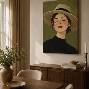 May include: A rectangular canvas wall art print featuring a portrait of a person with closed eyes, wearing a wide-brimmed beige hat with a black band and a black high-neck top. The background is a solid olive green, and the person has red lips.