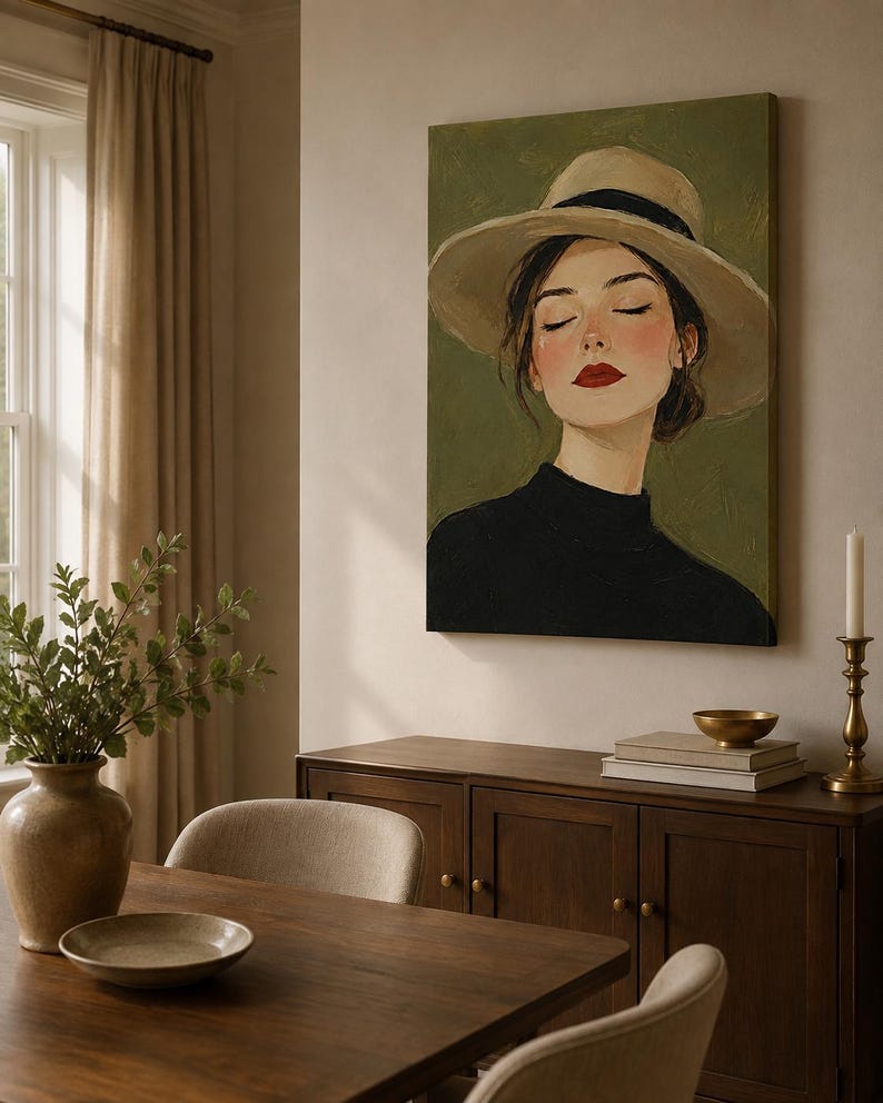 May include: A rectangular canvas wall art print featuring a portrait of a person with closed eyes, wearing a wide-brimmed beige hat with a black band and a black high-neck top. The background is a solid olive green, and the person has red lips.