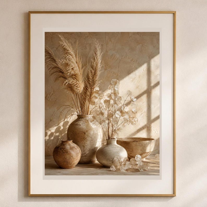 K&ouml;nnte beinhalten: Ein gerahmter Wandkunstdruck mit einem Stillleben aus zwei Keramikvasen, einer flachen Schale und getrockneten botanischen Elementen wie Pampasgras und Silberblatt-Stielen in neutralen Beige- und Braunt&ouml;nen mit weichen Schattenw&uuml;rfen.