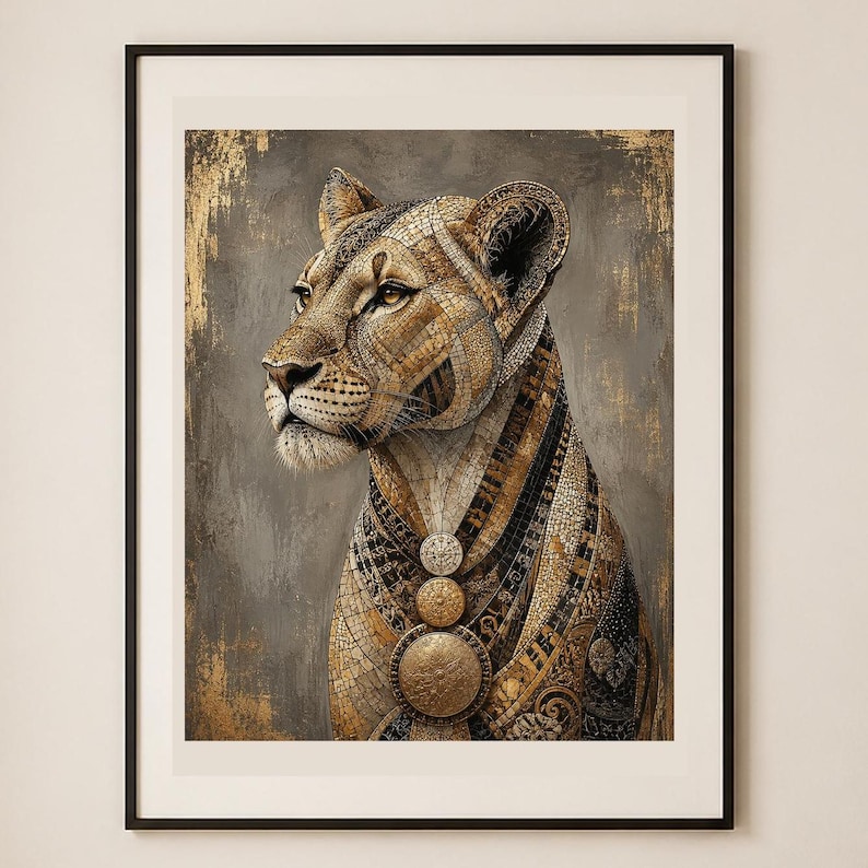 May include: A framed wall art print featuring a stylized lioness portrait composed of intricate gold, bronze, and black mosaic patterns. The lioness wears three circular metallic medallions around her neck against a textured, distressed gray background.