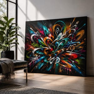 May include: A large rectangular canvas painting featuring a vibrant abstract composition of swirling lines and splatters in shades of orange, teal, white, and magenta against a solid black background, with stylized white graffiti-style lettering.
