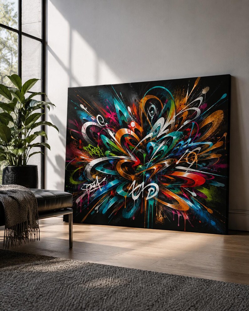 May include: A large rectangular canvas painting featuring a vibrant abstract composition of swirling lines and splatters in shades of orange, teal, white, and magenta against a solid black background, with stylized white graffiti-style lettering.