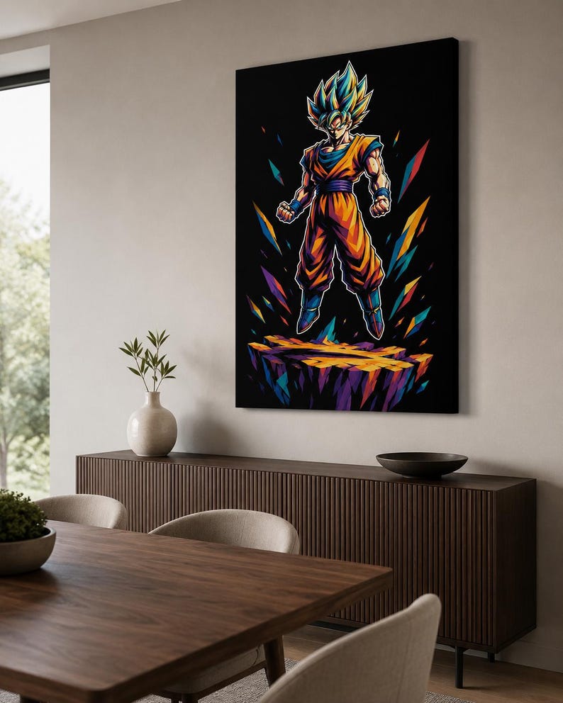 Puede incluir: Una impresi&oacute;n de arte mural rectangular que muestra un personaje de anime estilizado con cabello azul puntiagudo, vistiendo un uniforme de artes marciales naranja y azul, de pie sobre una plataforma de roca flotante sobre un fondo negro con fragmentos geom&eacute;tricos coloridos.
