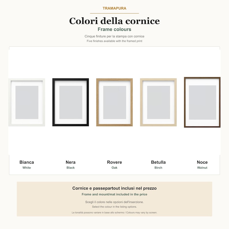 Pu&ograve; includere: Una presentazione di cinque cornici rettangolari con passepartout bianco, etichettate TRAMAPURA, Colori della cornice, Frame colours. Le cornici sono disponibili nelle finiture bianca, nera, rovere, betulla e noce, con cornice e passepartout inclusi.