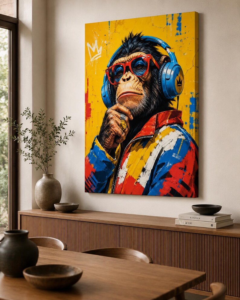 May include: A rectangular canvas wall art print featuring a chimpanzee wearing blue headphones, red-rimmed glasses, and a gold ring on its finger. The chimpanzee wears a colorful jacket with red, blue, and yellow paint splatters on a yellow background.