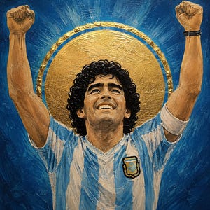 Może przedstawiać: Obraz olejny przedstawiający Diego Maradonę z ciemnymi kręconymi włosami, ubranego w jasnoniebiesko-białą koszulkę w paski z argentyńskim herbem. Obie ręce ma uniesione w geście triumfu na tle głębokiego błękitu z dużą złotą aureolą.