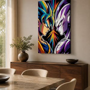 Peut inclure: Une impression d'art mural sur toile rectangulaire verticale pr&eacute;sentant une illustration stylis&eacute;e et color&eacute;e de deux personnages d'anime se faisant face. Le personnage de gauche a les cheveux bleus et une tenue orange, celui de droite est violet.