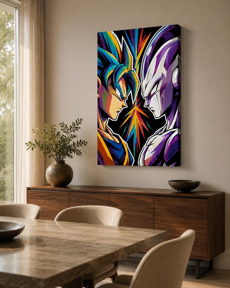 Peut inclure: Une impression d'art mural sur toile rectangulaire verticale pr&eacute;sentant une illustration stylis&eacute;e et color&eacute;e de deux personnages d'anime se faisant face. Le personnage de gauche a les cheveux bleus et une tenue orange, celui de droite est violet.