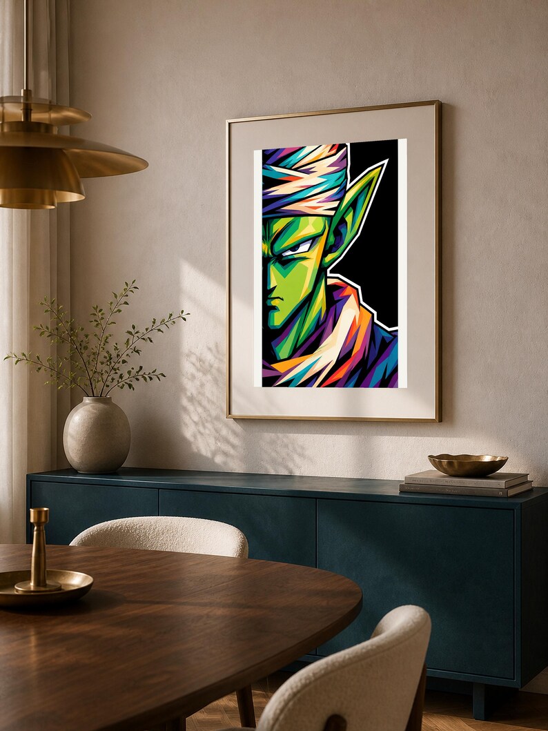May include: A framed wall art print featuring a stylized, vibrant illustration of a green-skinned character with pointed ears, wearing a white turban and a purple garment, set against a solid black background with sharp, angular color shading.