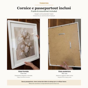 May include: A white picture frame with a removable mount containing a print of white iris flowers. The text TRAMAPURA, Cornice e passepartout inclusi, Frame & mount/mat included, Vista frontale, Front view, Vista posteriore, Rear view is visible.