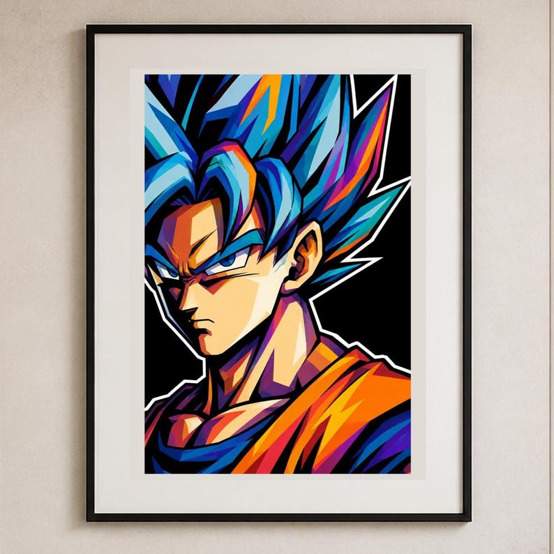 May include: A framed wall art print featuring a stylized portrait of a character with spiky blue hair, intense blue eyes, and a determined expression. The artwork uses vibrant shades of orange, blue, and purple against a solid black background.