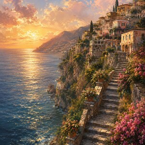Peut inclure: Une peinture de paysage c&ocirc;tier montrant un escalier en pierre descendant le long d'une falaise surplombant la mer au coucher du soleil. La sc&egrave;ne comprend des b&acirc;timents &agrave; plusieurs &eacute;tages sur le flanc de colline, des fleurs roses et un ciel dor&eacute;.