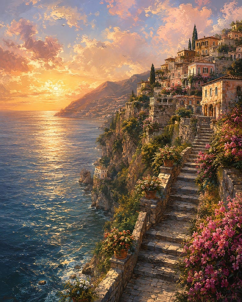 Peut inclure: Une peinture de paysage c&ocirc;tier montrant un escalier en pierre descendant le long d'une falaise surplombant la mer au coucher du soleil. La sc&egrave;ne comprend des b&acirc;timents &agrave; plusieurs &eacute;tages sur le flanc de colline, des fleurs roses et un ciel dor&eacute;.