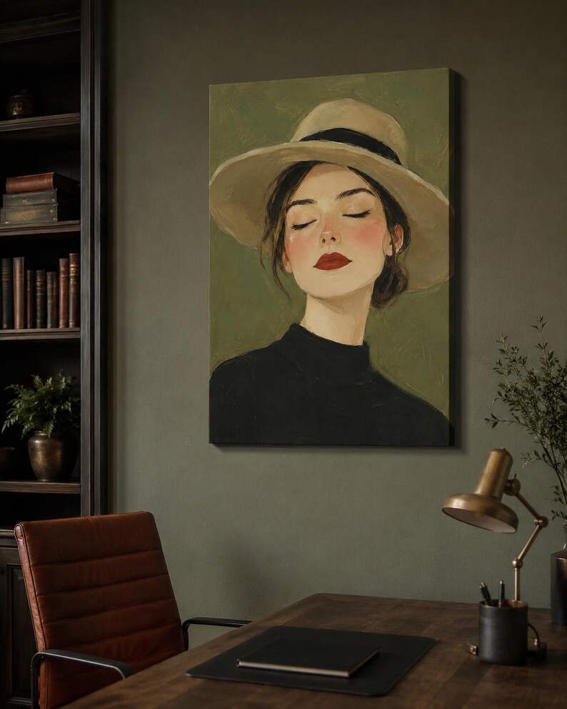 May include: A rectangular canvas wall art print featuring an oil painting of a person with closed eyes, wearing a wide-brimmed beige hat with a black band and a black high-neck top, set against a solid olive green background with visible brushstrokes.