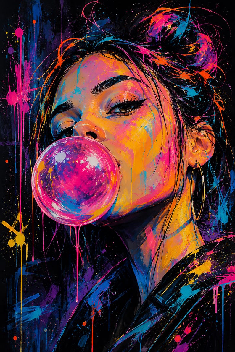 Puede incluir: Una vibrante pintura digital de una persona con cabello oscuro recogido en un mo&ntilde;o, usando grandes aros dorados, soplando una burbuja de chicle rosa brillante. La obra presenta un fondo negro con salpicaduras de pintura ne&oacute;n rosa, azul y amarilla.