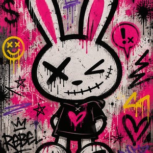 May include: A street art style illustration of a white rabbit character with a stitched mouth and X-shaped eyes, wearing a black hoodie with a pink heart. The background features vibrant pink and black paint splatters, graffiti tags, and the word REBEL.