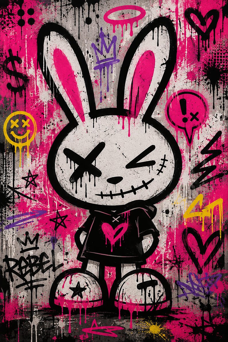 May include: A street art style illustration of a white rabbit character with a stitched mouth and X-shaped eyes, wearing a black hoodie with a pink heart. The background features vibrant pink and black paint splatters, graffiti tags, and the word REBEL.