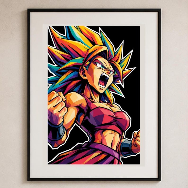 May include: A framed wall art print featuring a stylised illustration of a character with spiky, multi-coloured hair in shades of yellow, orange, and teal. The character wears a dark red top and wristbands, set against a solid black background.