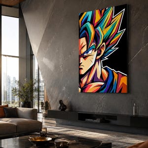 Op de afbeelding: Een verticale rechthoekige wandkunstprint met een gestileerd, kleurrijk portret van een personage met stekelig haar. Het kunstwerk gebruikt gedurfde, levendige tinten blauw, geel, oranje en paars tegen een effen zwarte achtergrond.