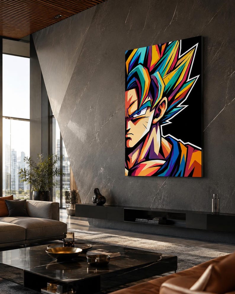 Op de afbeelding: Een verticale rechthoekige wandkunstprint met een gestileerd, kleurrijk portret van een personage met stekelig haar. Het kunstwerk gebruikt gedurfde, levendige tinten blauw, geel, oranje en paars tegen een effen zwarte achtergrond.