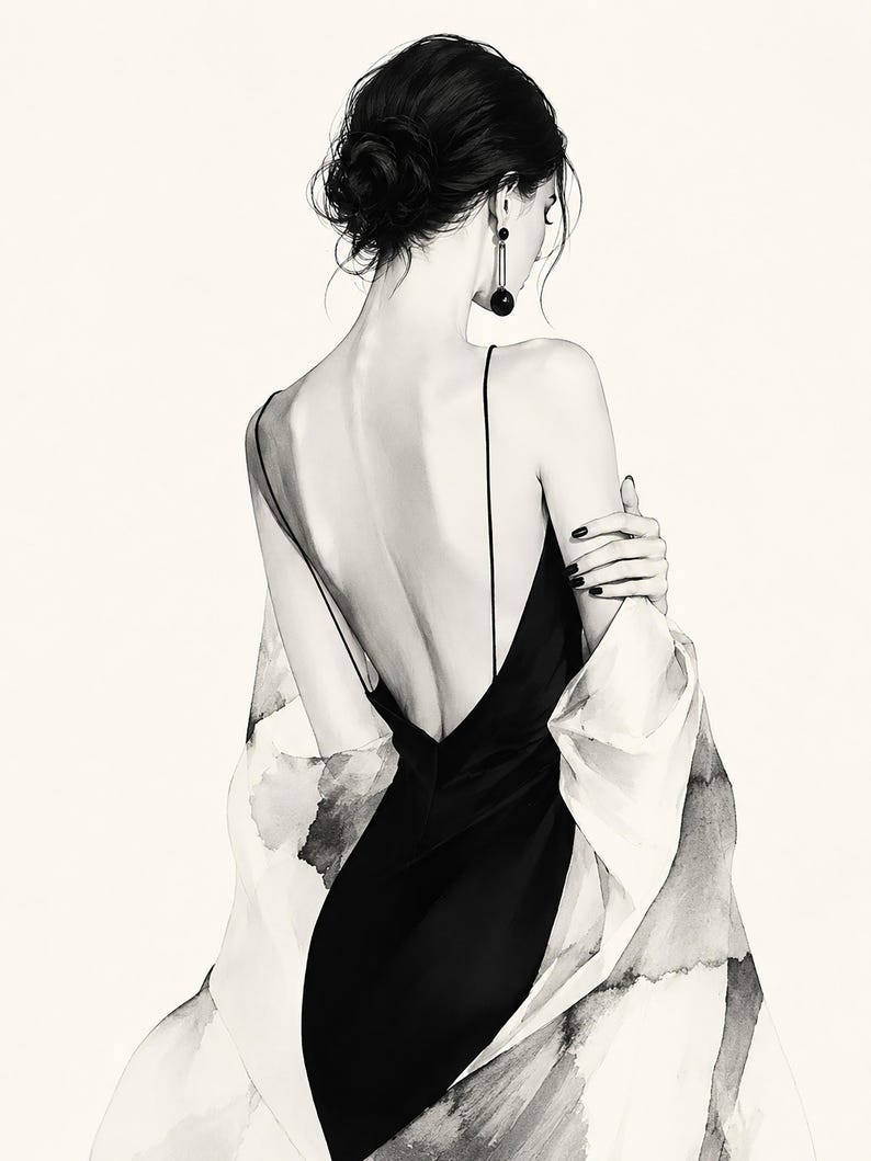 May include: A black slip dress with a low back and thin spaghetti straps, worn with a white and grey watercolor-style shawl. The attire is complemented by long, dangling black earrings and dark nail polish, with hair styled in an elegant bun.