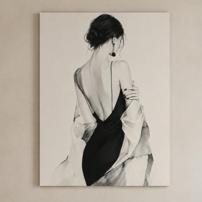 May include: A black and white artistic illustration of a person seen from behind, wearing a black backless dress with thin straps. The person has dark hair styled in an updo, wears a dark drop earring, and is draped in a light-colored shawl.
