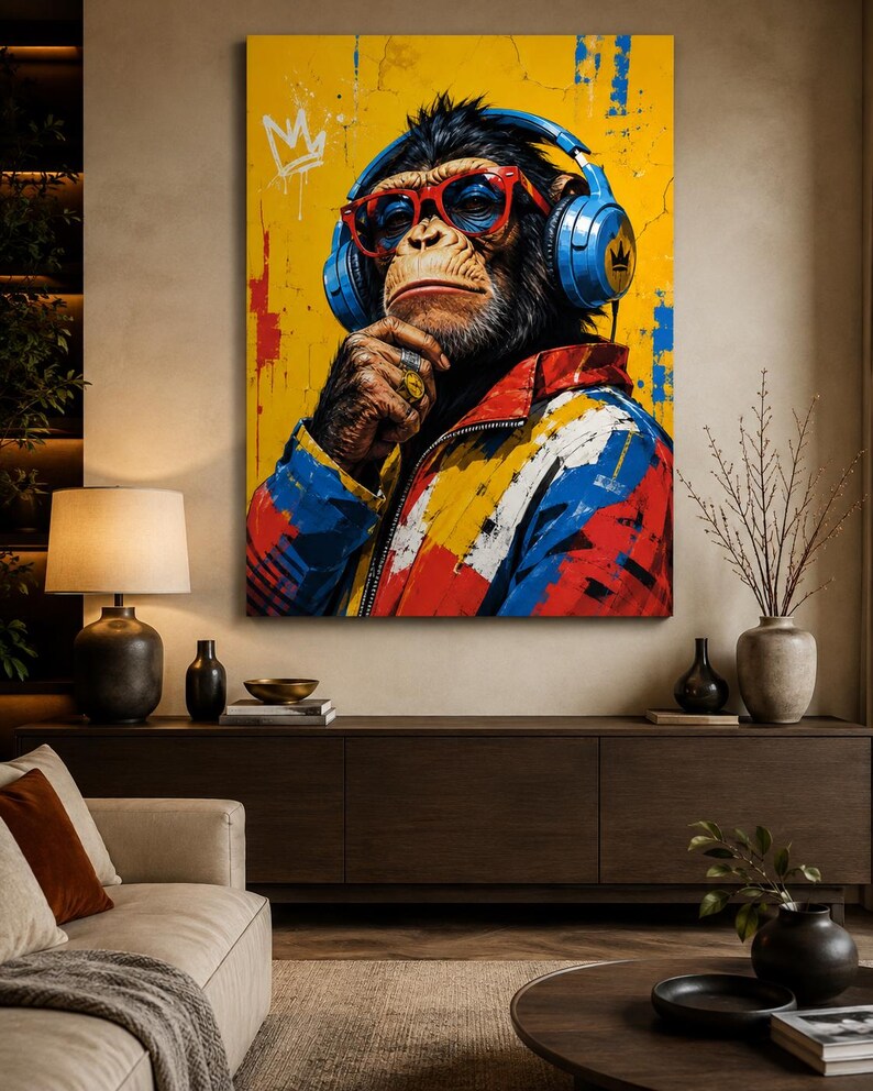 May include: A vertical wall art print featuring a chimpanzee wearing bright red-rimmed glasses and blue over-ear headphones. The chimpanzee wears a colorful jacket with red, blue, and white patterns against a vibrant yellow background with graffiti.
