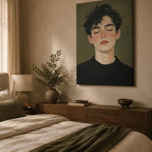 May include: A rectangular canvas wall art print featuring a portrait of a person with dark, messy hair and closed eyes. The subject wears a black sweater against a muted olive green background. The painting style uses soft, blended brushstrokes.
