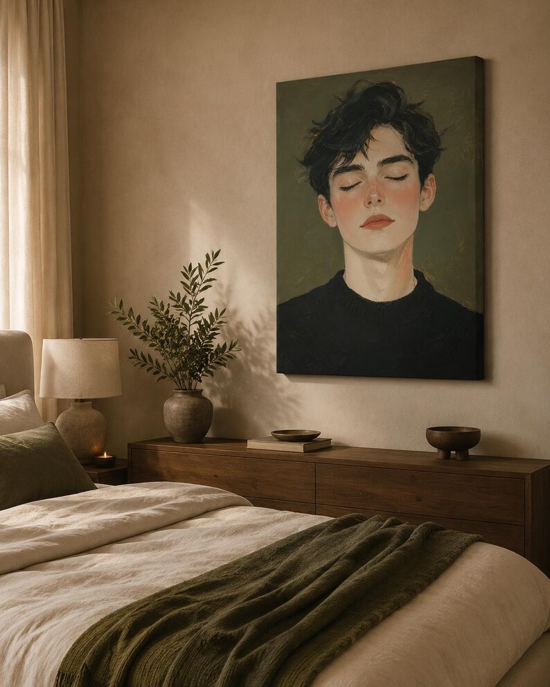 May include: A rectangular canvas wall art print featuring a portrait of a person with dark, messy hair and closed eyes. The subject wears a black sweater against a muted olive green background. The painting style uses soft, blended brushstrokes.